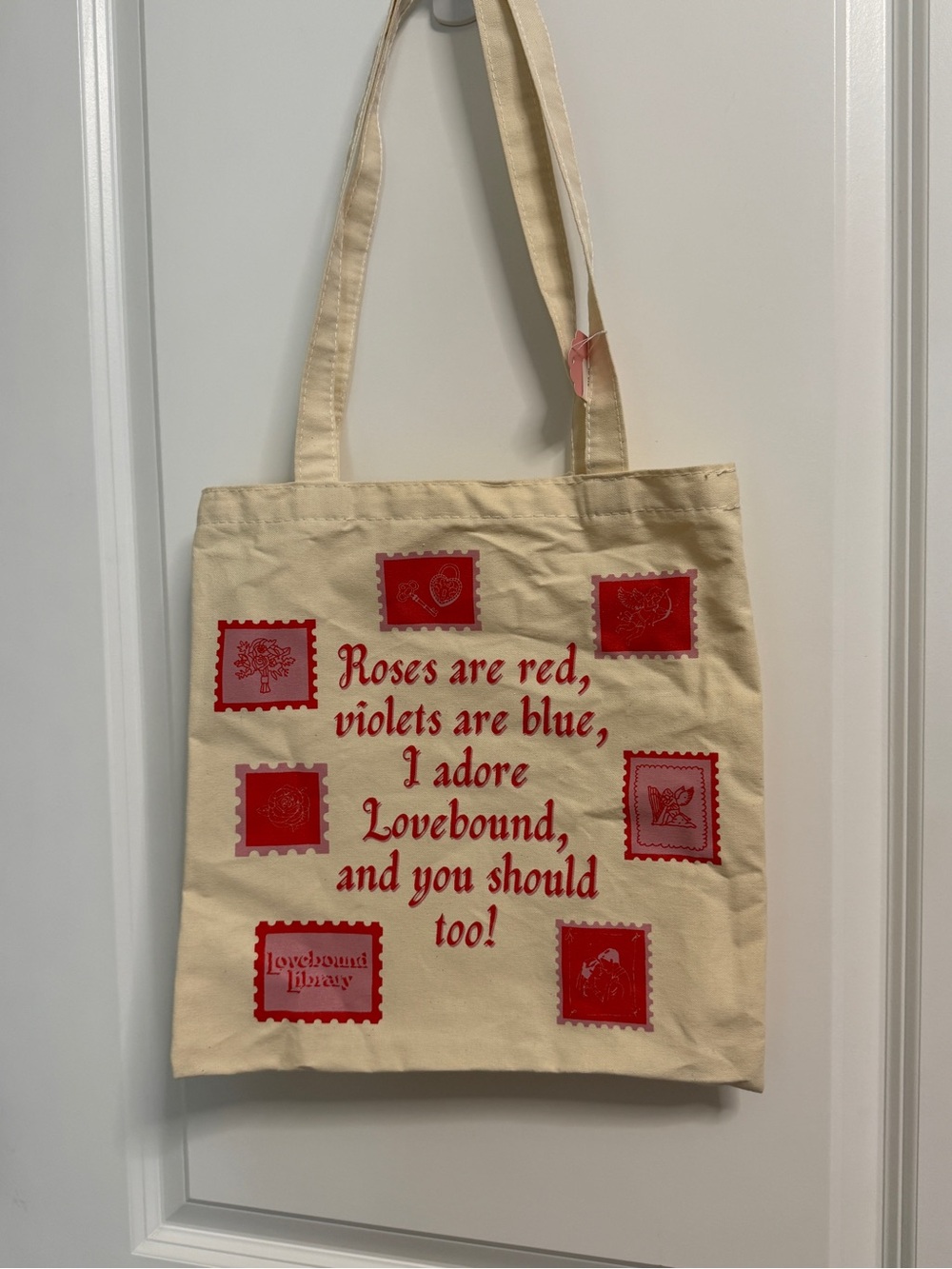 Cream Bookish Canvas Tote with Red Accent Graphics- reader gift